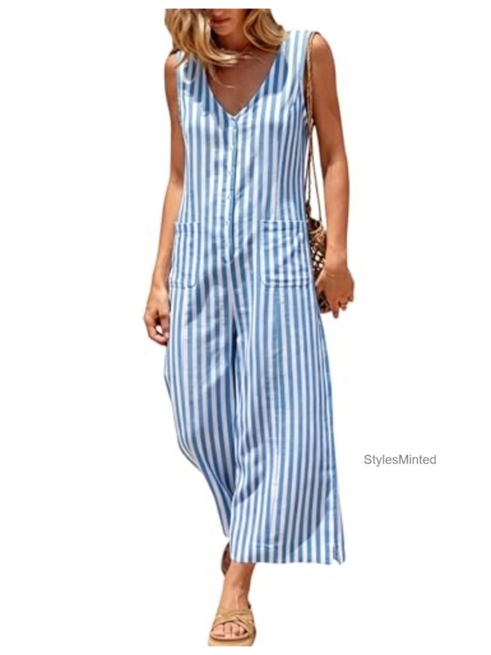 Striped Button Down Sleeveless Wide Leg Jumpsuit Overall with Pockets